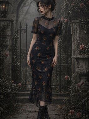 Womens Black Floral Sheer Midi Dress L Asymmetrical Whimsigoth‎ Fairy Grunge